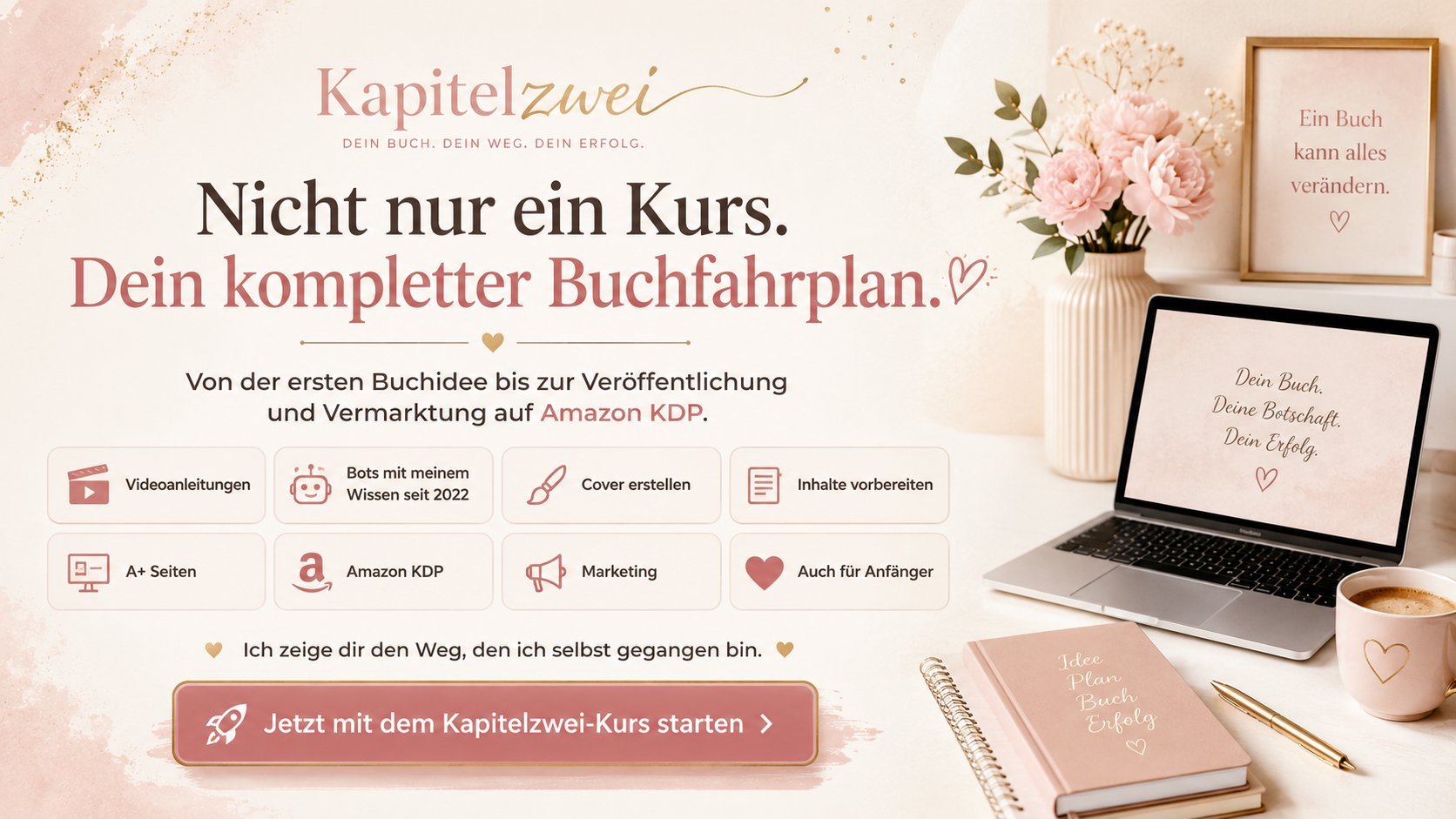 Kapitelzwei book writing course promotional image with pink aesthetic, featuring workspace elements and course benefits listed