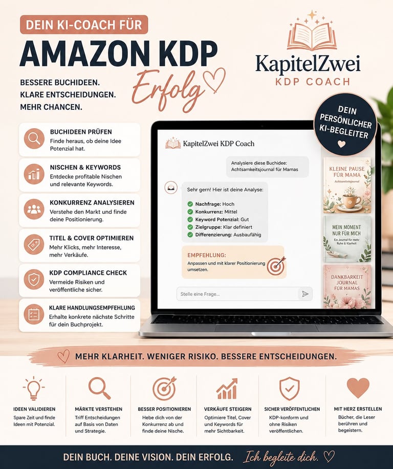 KapitelZwei KDP Coach marketing graphic showing Amazon KDP optimization services with laptop and book cover design