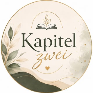 Circular logo for Kapitel Zwei featuring an open book icon, botanical leaf design, and elegant typography on a beige background