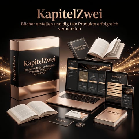 KapitelZwei product suite with books, laptop, smartphone, and packaging displayed on black surface with gold accents and lighting effects
