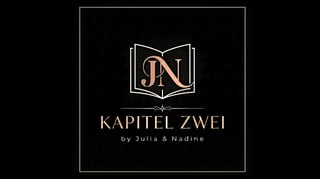 Kapitel Zwei logo with open book design and gold lettering, by Julia and Nadine on black background