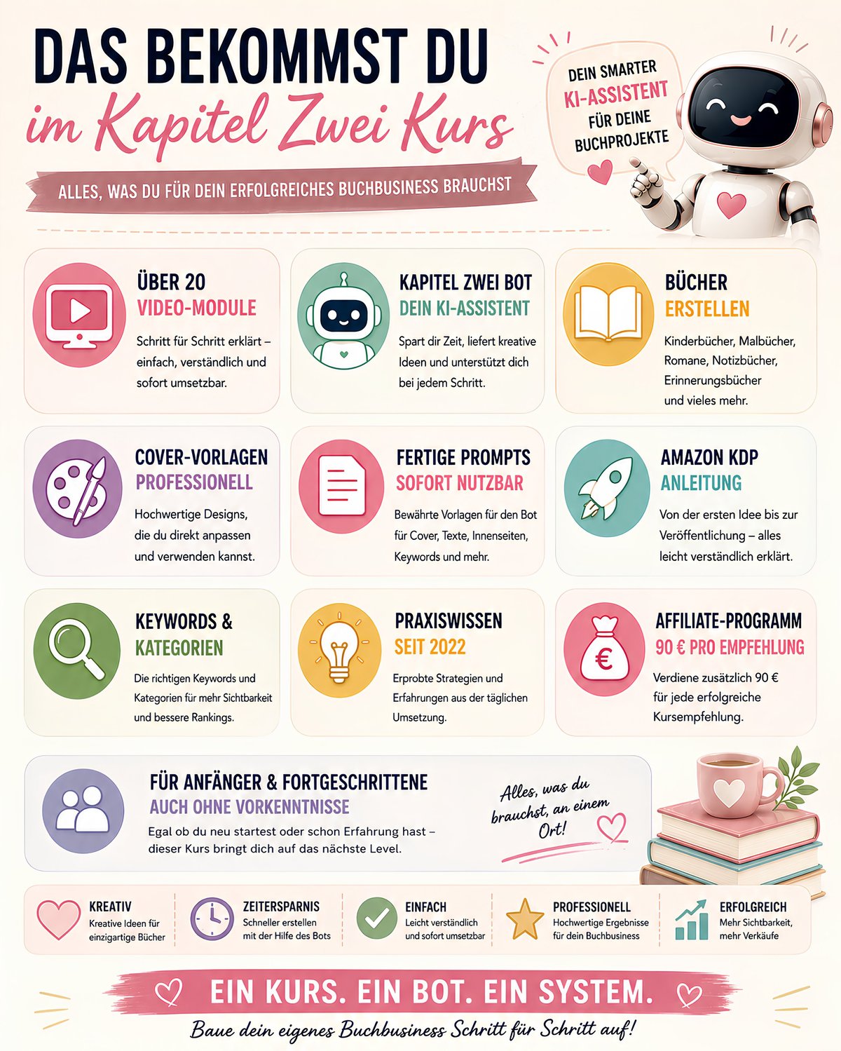German infographic for Kapitel Zwei Kurs - a book business course covering video modules, AI assistant, cover design, keywords, prompts, KDP, and affiliate programs with bonus materials